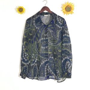 Liz Baker Woman 1X Sheer Blouse Button Paisley Shirt Top